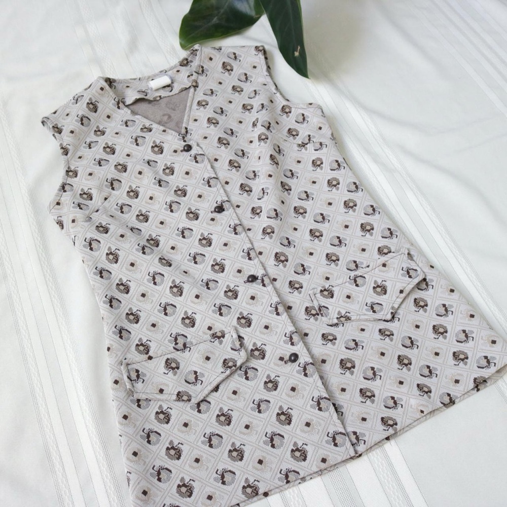 Brown Apple Patterned Sleeveless Button Down Tuni… - image 2